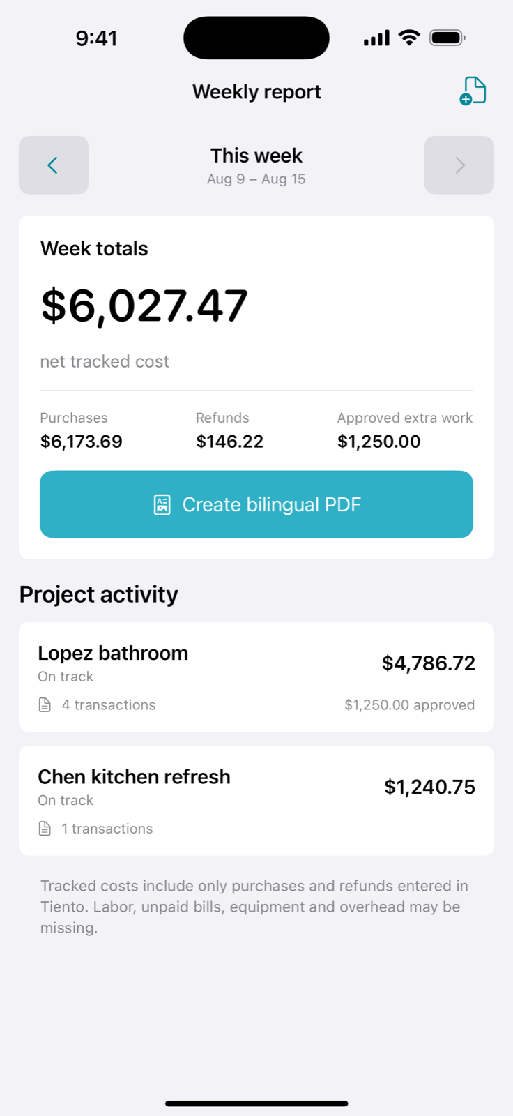 CostNota weekly project report