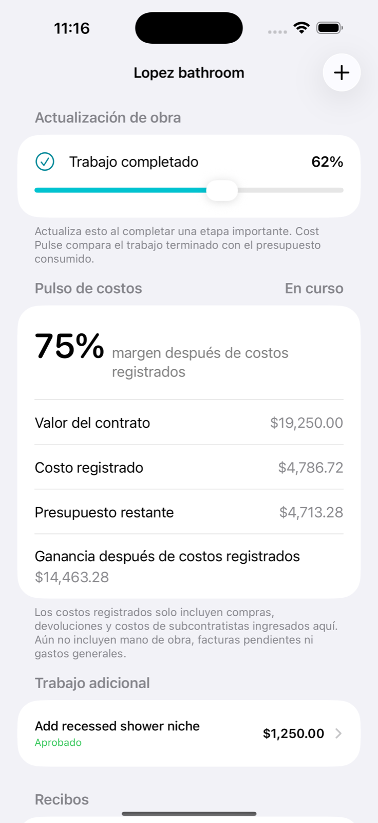 Pantalla de pulso de costos de CostNota